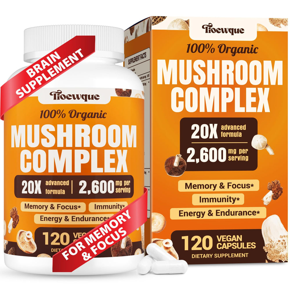 Front view of 20-in-1 mushroom supplement bottle