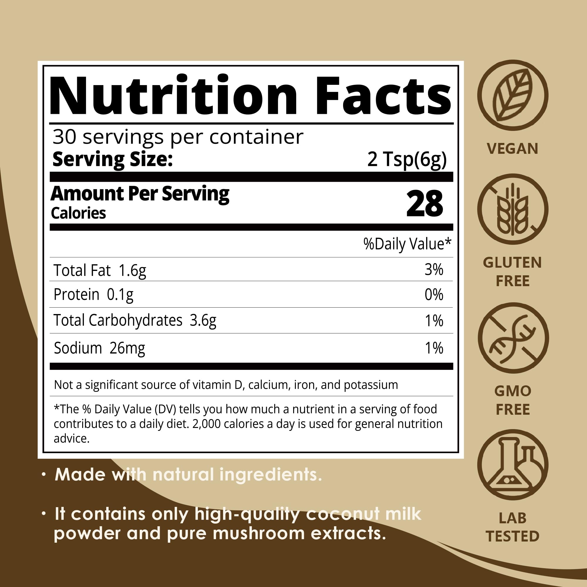 Back panel with nutritional information for Mushroom Coconut Creamer