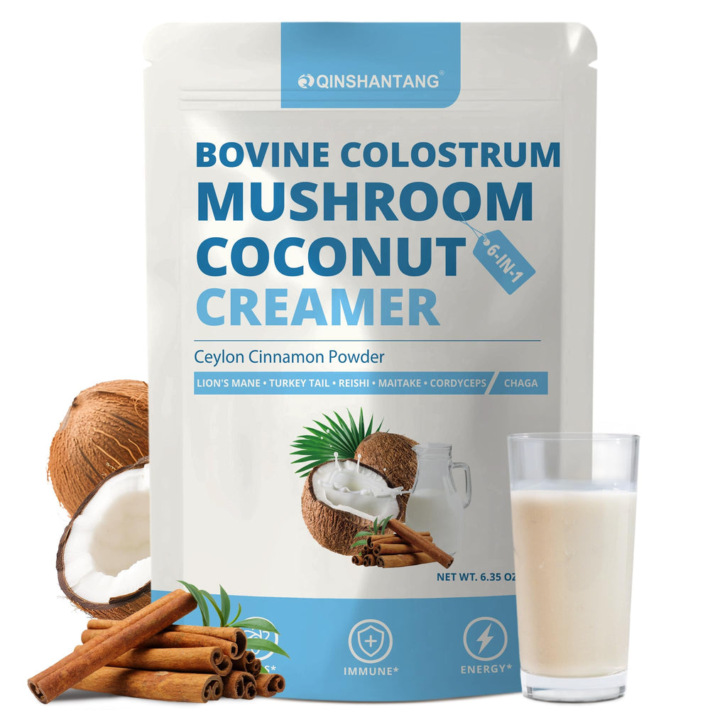 Mushroom Coconut Creamer with Colostrum packaging showing 6 adaptogenic mushrooms