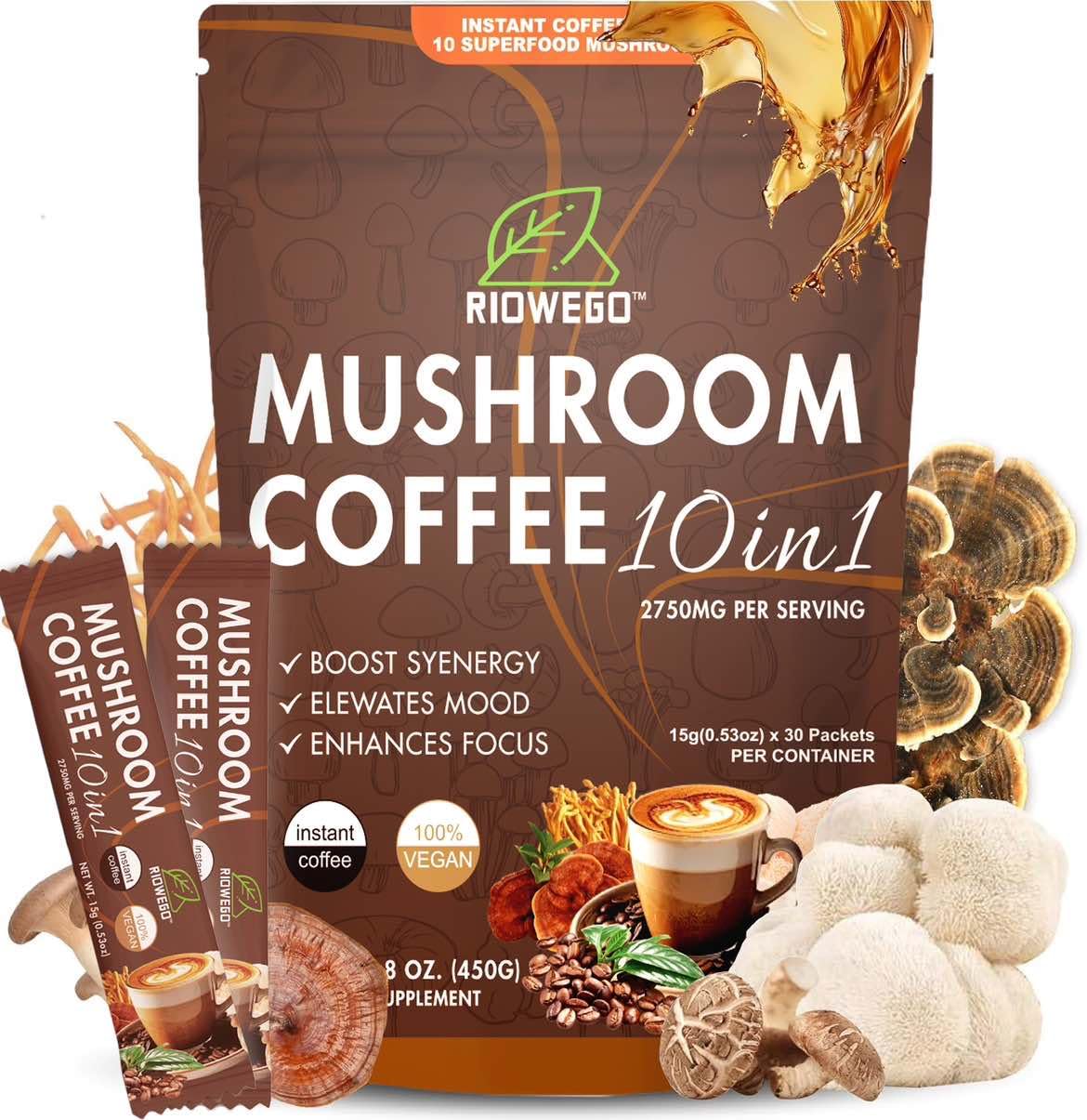 Mushroom coffee powder 10-in-1 blend with organic Lion’s Mane and Reishi