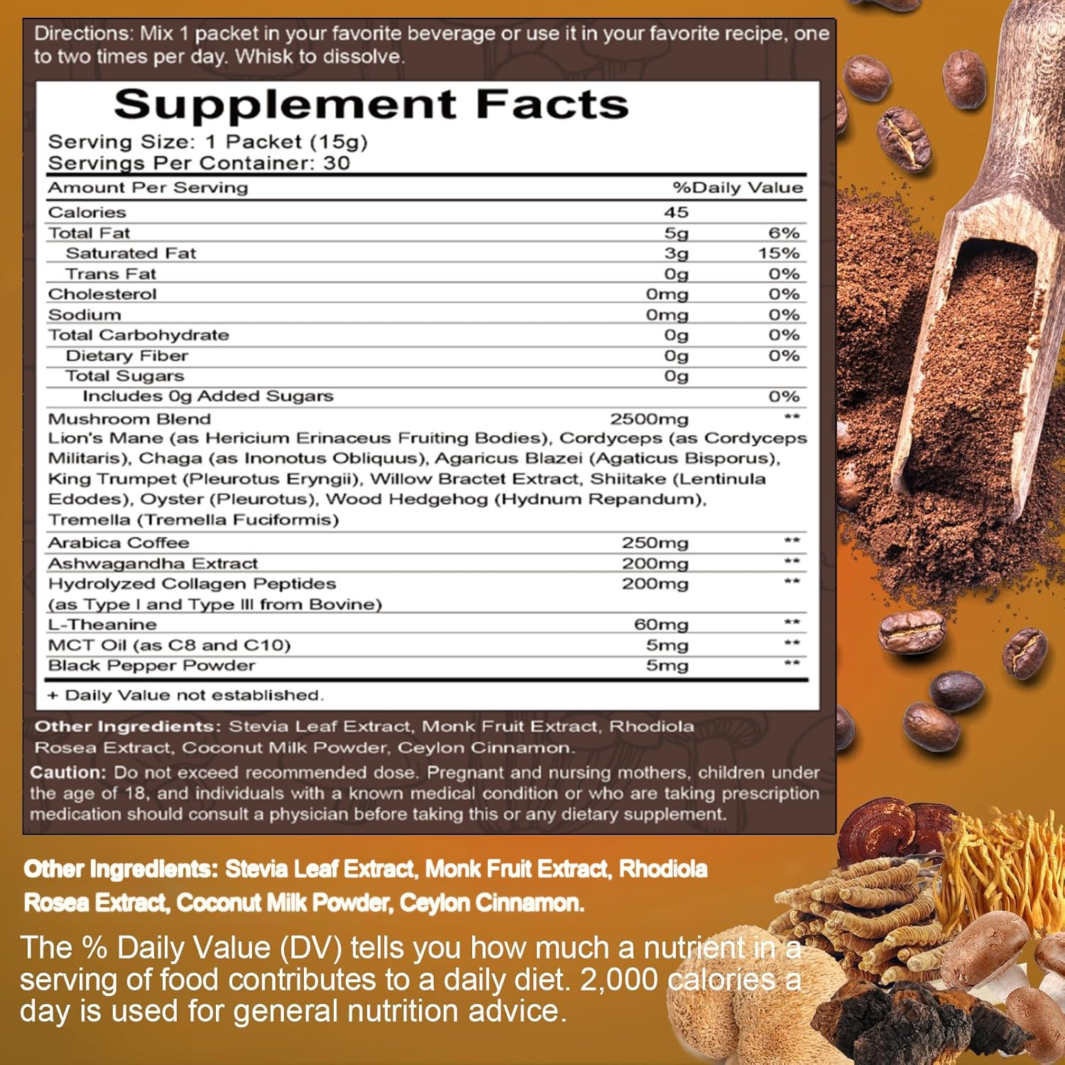 Organic mushroom coffee blend with 30 single-serve sticks