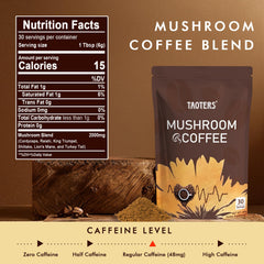 Close-up of six adaptogenic mushrooms: Cordyceps, Reishi, Lion's Mane, Shiitake, Turkey Tail, King Trumpet