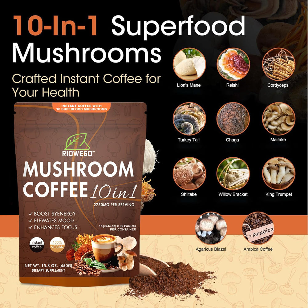 Organic mushroom coffee mix featuring MCT oil and arabica coffee
