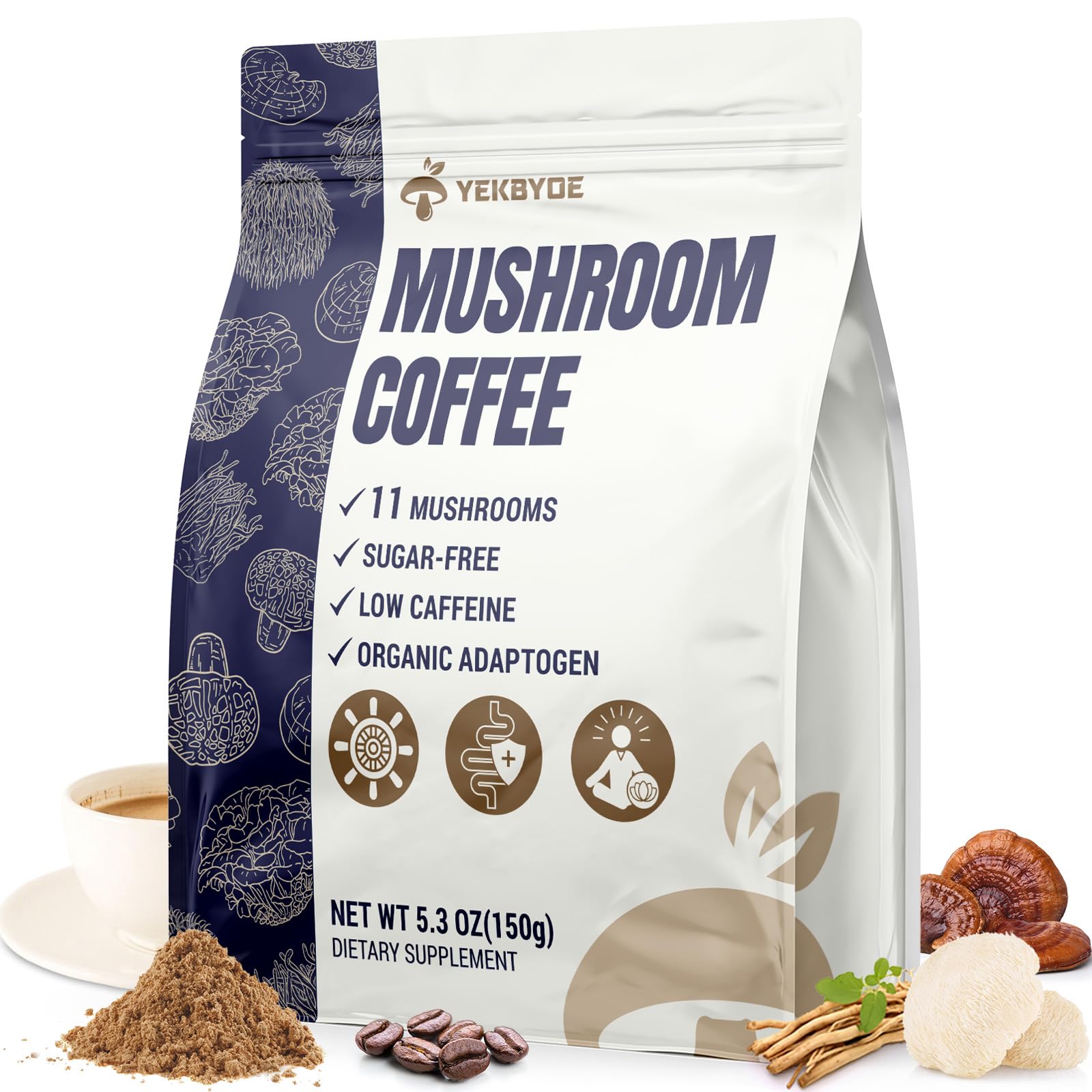 Mushroom coffee blend with 11 organic mushrooms including Lion's Mane, Reishi, and Chaga in a 5.3oz package