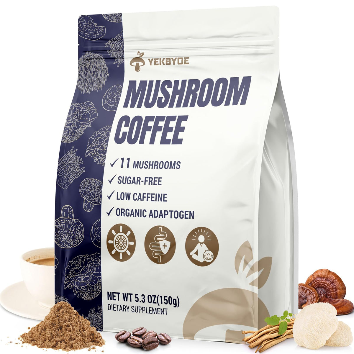 Mushroom coffee blend with 11 organic mushrooms including Lion's Mane, Reishi, and Chaga in a 5.3oz package