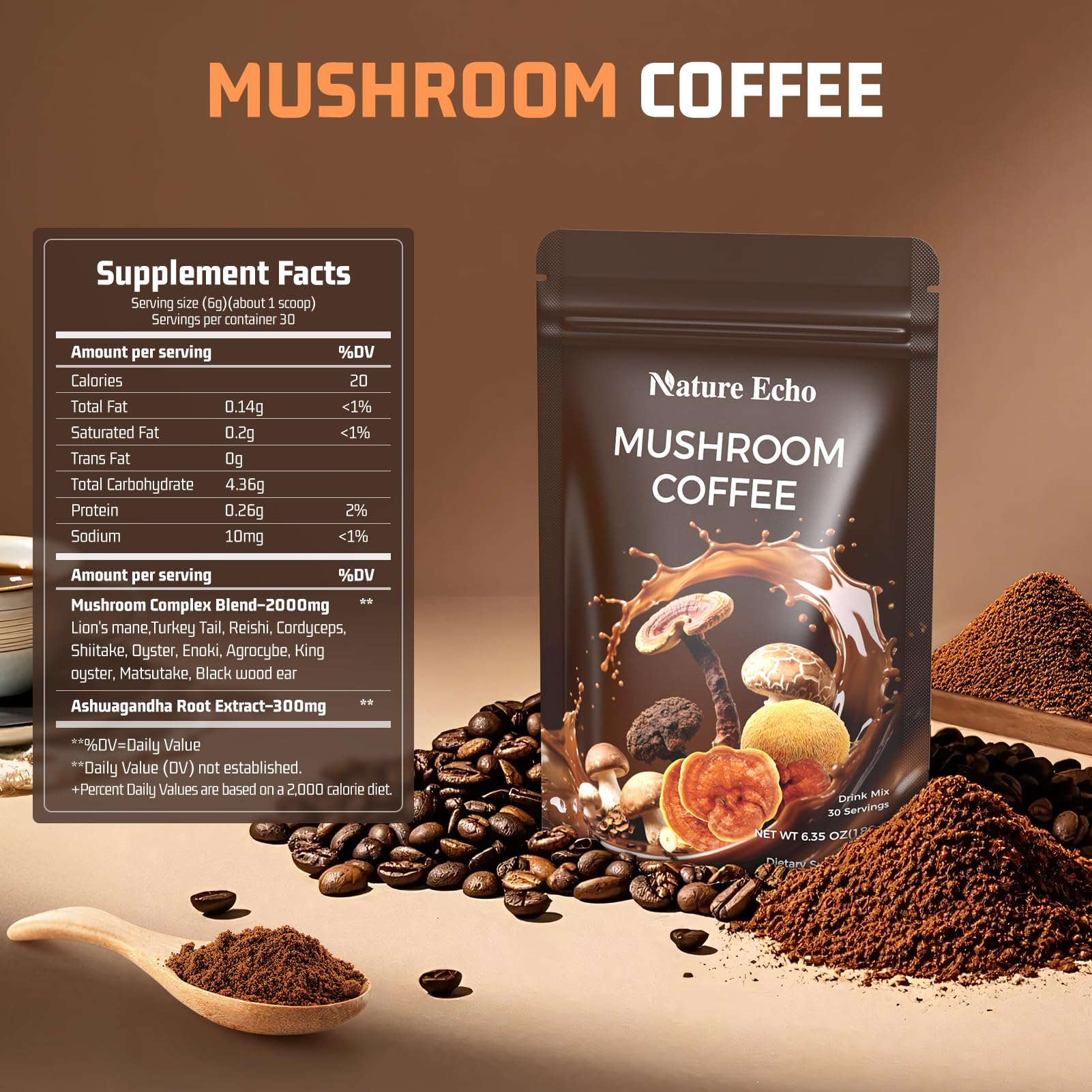 Ingredients showing 11 mushroom blend with Arabica coffee beans