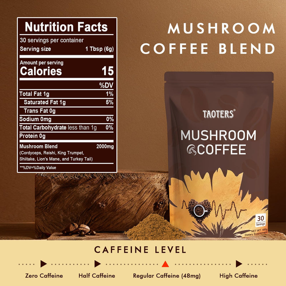 Front view of 180g mushroom coffee package