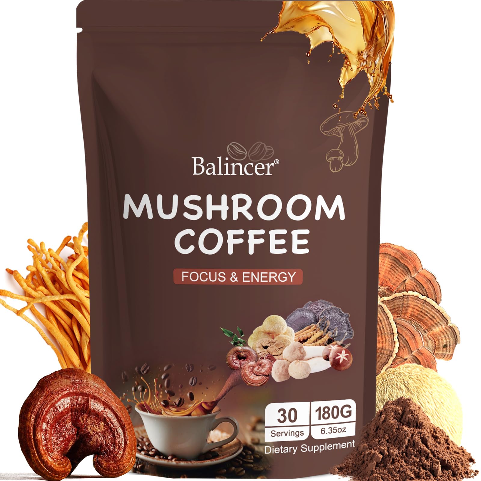 Front view of mushroom coffee with 6 adaptogenic mushrooms