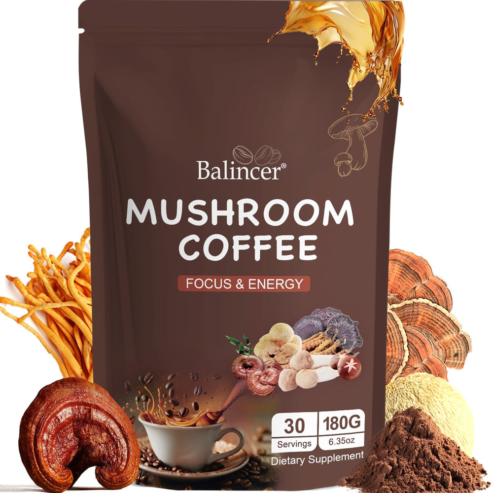 Front view of mushroom coffee with 6 adaptogenic mushrooms