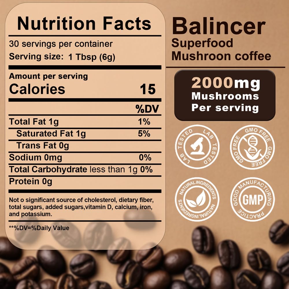 Close-up showing the 6 adaptogenic mushrooms used in the blend