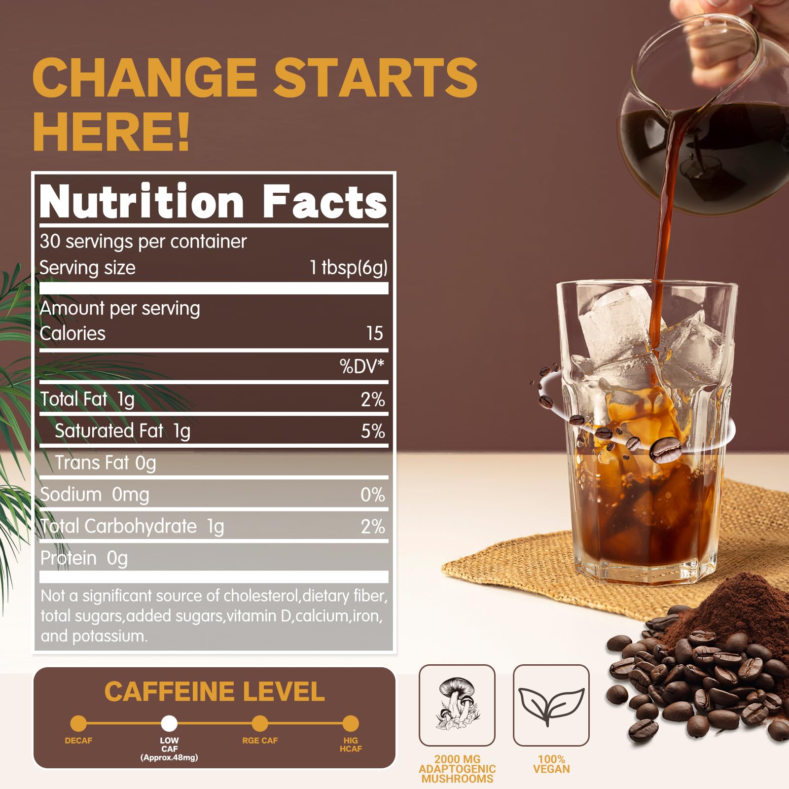 Close-up of Mushroom Coffee featuring 6 functional mushrooms