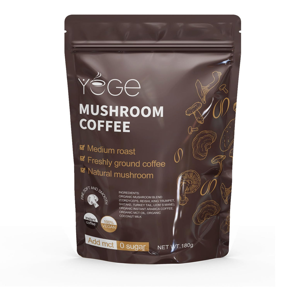 Mushroom coffee blend with Cordyceps, Reishi, Lion's Mane, Shiitake, Turkey Tail, and King Trumpet