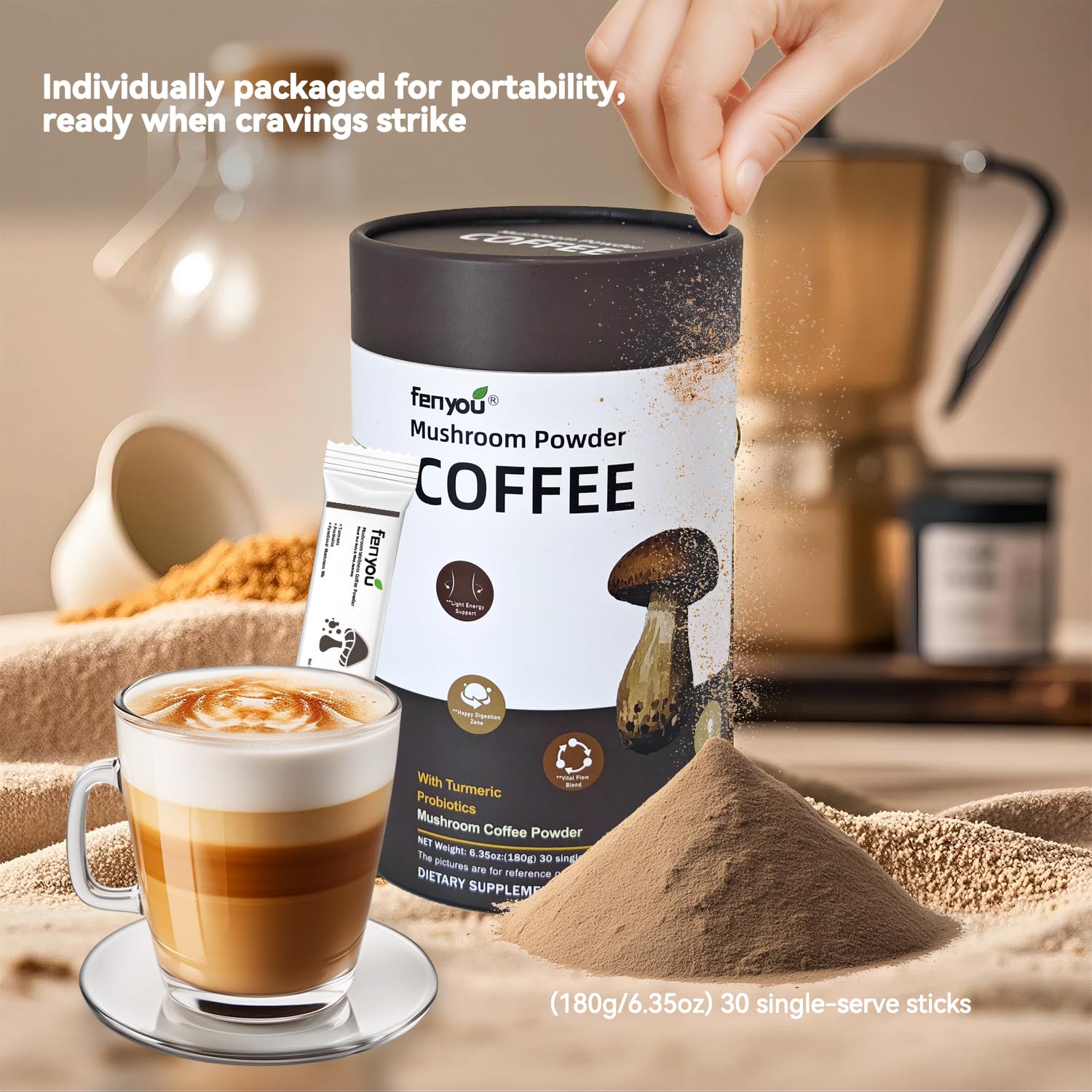 Digestive balance concept for gut comfort with mushroom coffee.