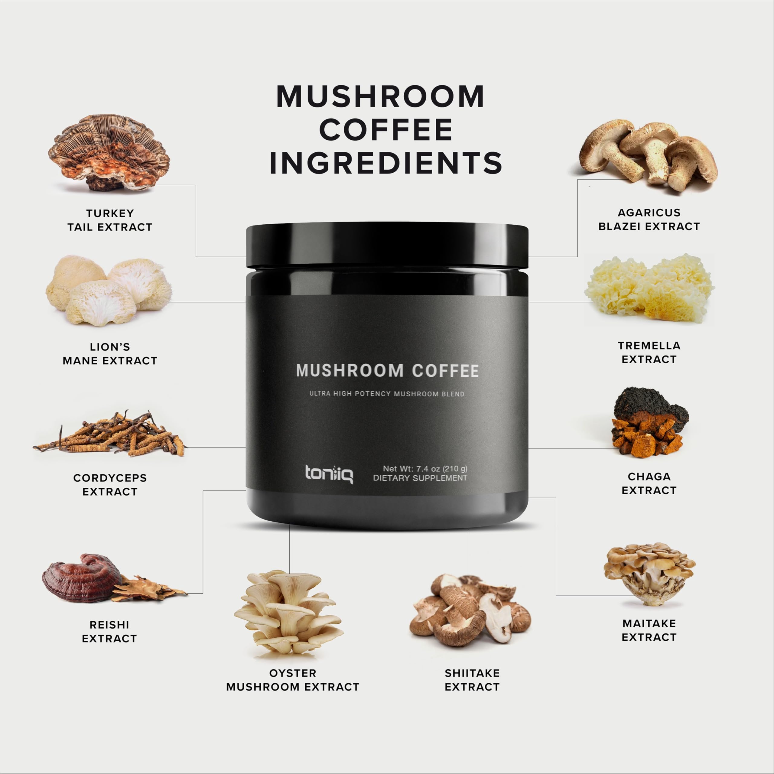 Ten-mushroom blend ingredients and Colombian coffee