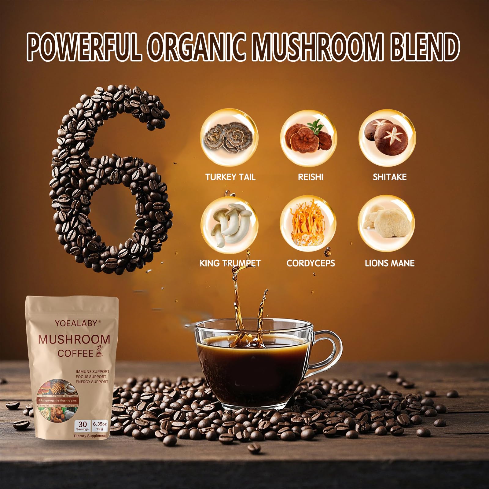 Ingredients featuring Lion's Mane, Reishi, Cordyceps, Shiitake, King Trumpet, and Turkey Tail