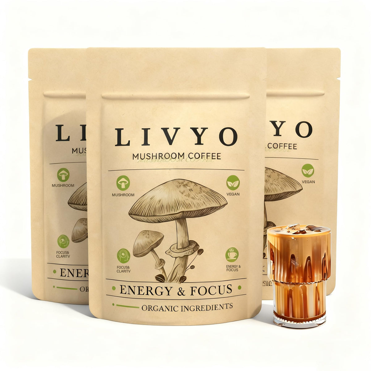 Three-pack packaging of Mushroom Coffee with Lions Mane and Turkey Tail