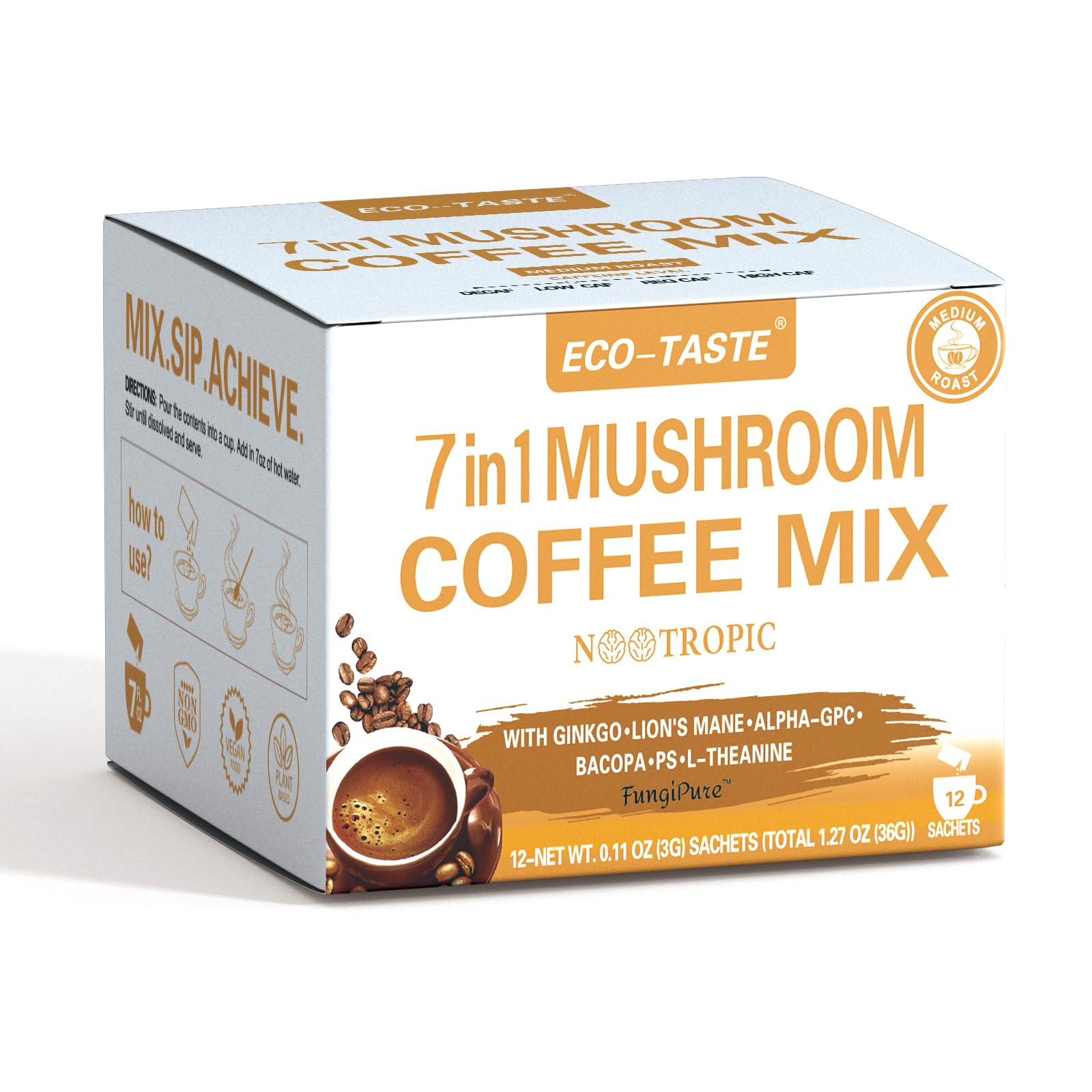 Mushroom coffee mix 7 in 1 packaging with 12 sachets