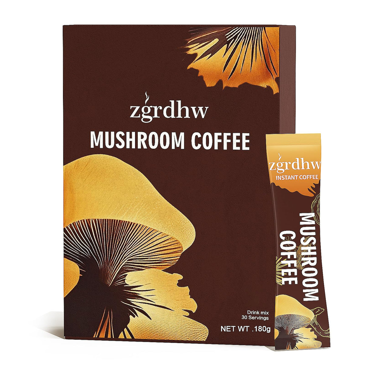 Organic mushroom coffee sachet featuring Cordyceps, Reishi, Lion's Mane, Shiitake, Turkey Tail and King Trumpet.