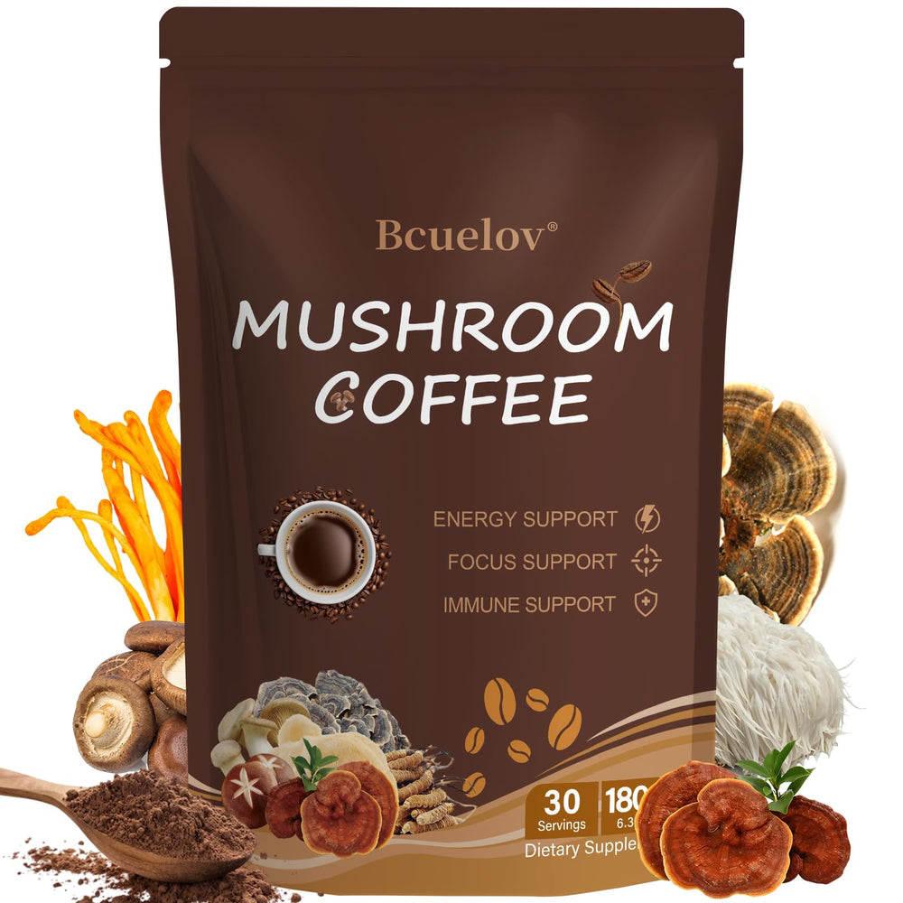 Mushroom Coffee packaging featuring 6 adaptogenic mushrooms and MCT oil