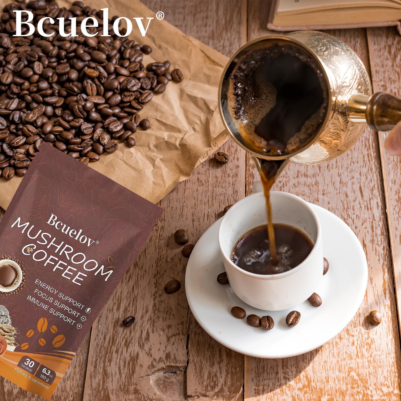 Product packaging showing two bags of mushroom coffee