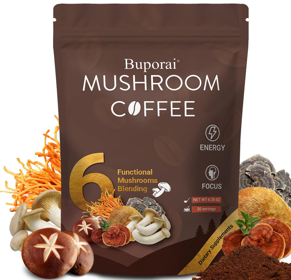 Packaging of Mushroom Coffee with 6 functional mushrooms