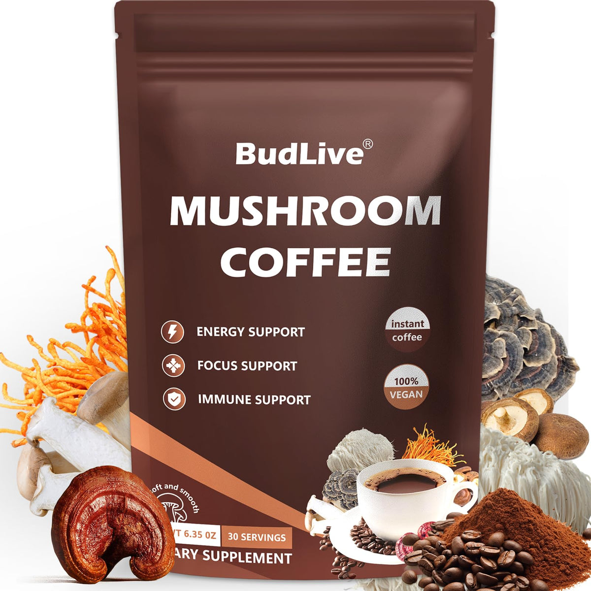 Mushroom Coffee packaging with 30 servings