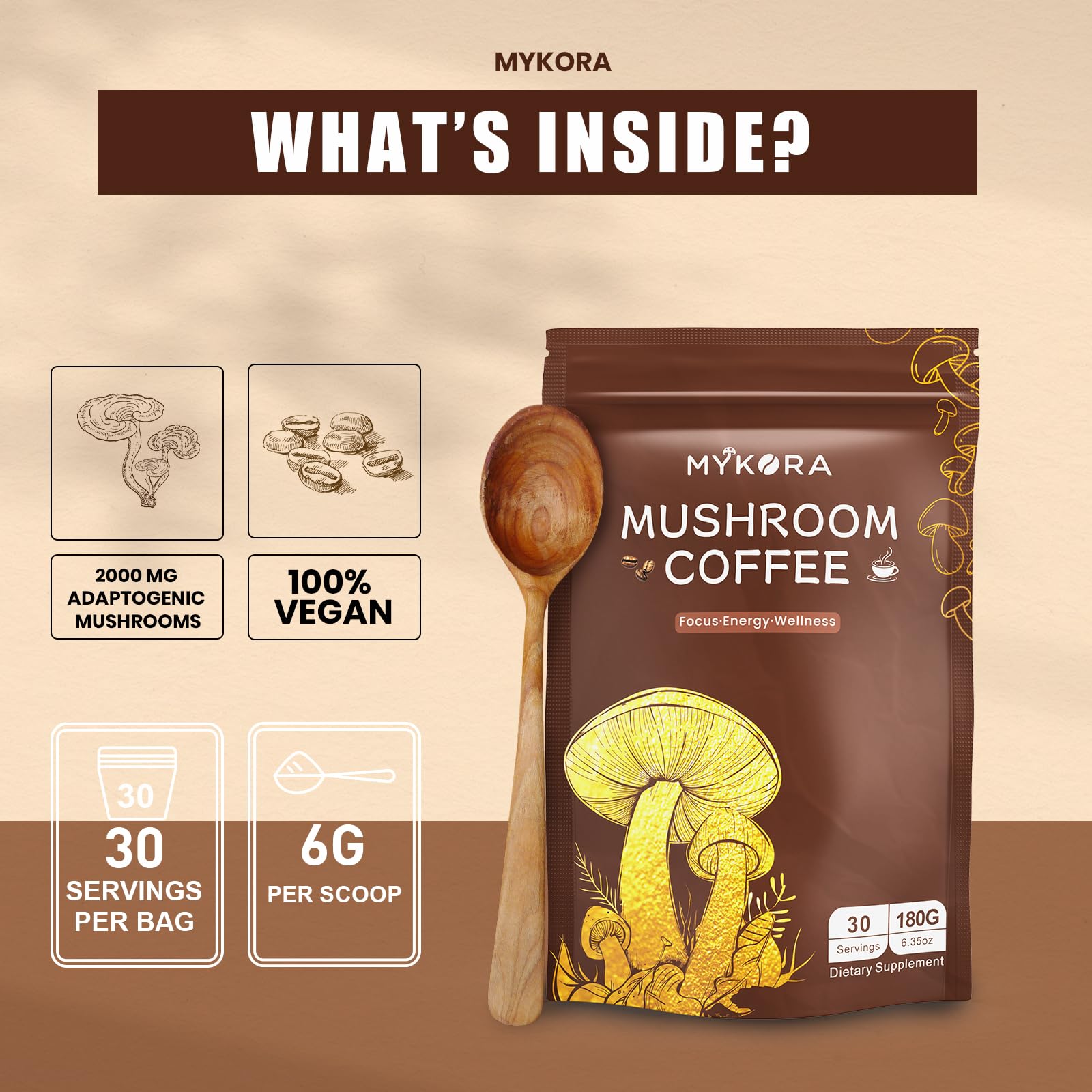 MYKORA mushroom coffee packaging and pouch