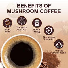 Close-up of mushroom coffee powder showing six adaptogenic mushrooms
