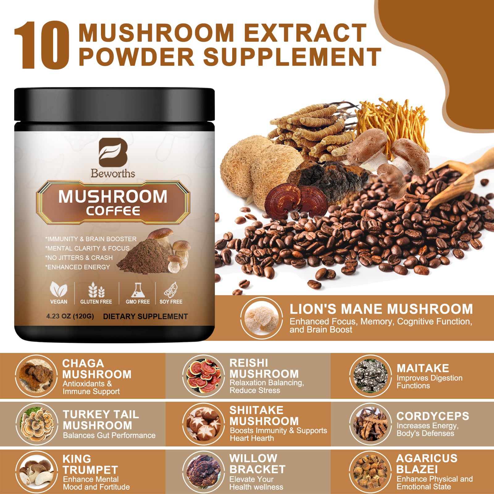 Powdered mushroom coffee with scoop