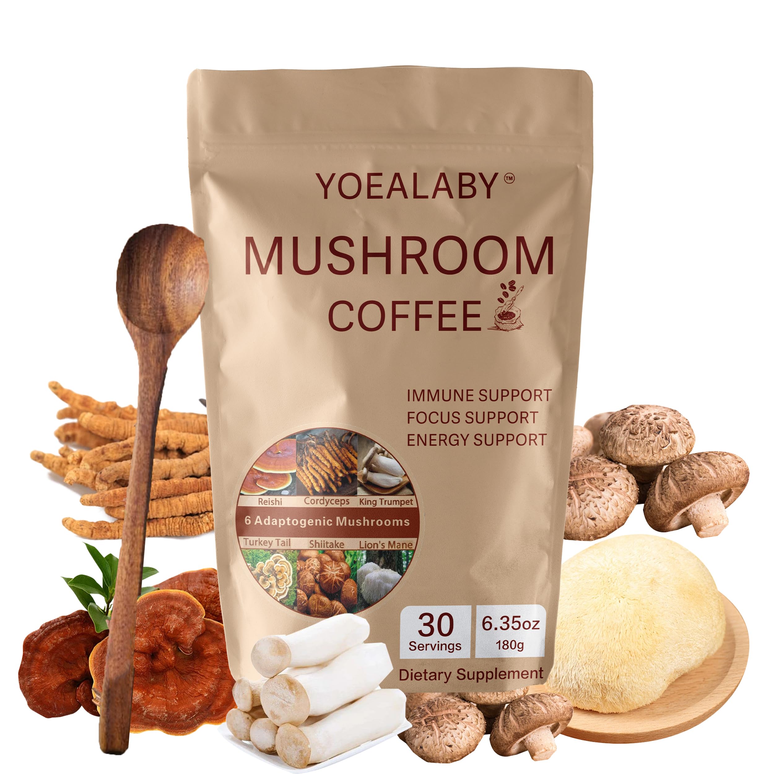 Front view of Mushroom Coffee Six-Mushroom Blend 180g