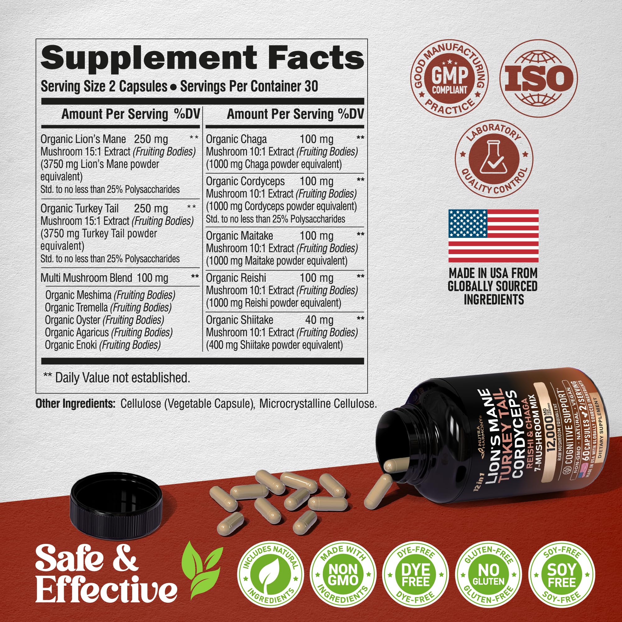 Vegan-friendly mushroom supplement capsule detail