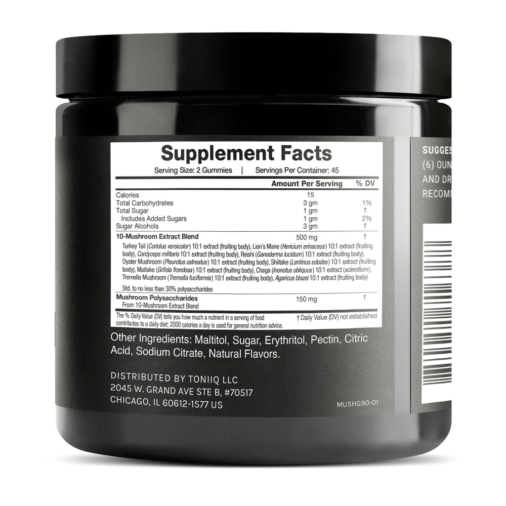 Close-up of gummy illustrating 10 mushroom blend including turkey tail and cordyceps