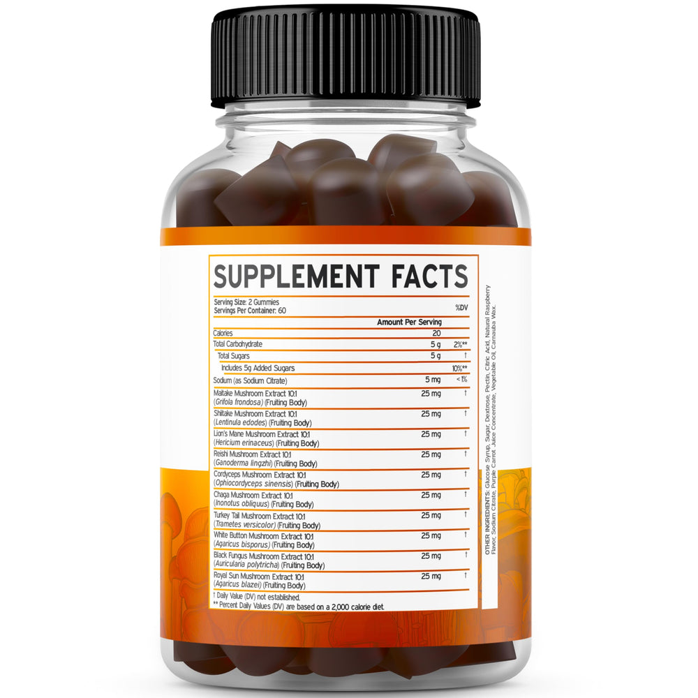Supplement facts and label for Mushroom Gummies 2500mg 10-in-1