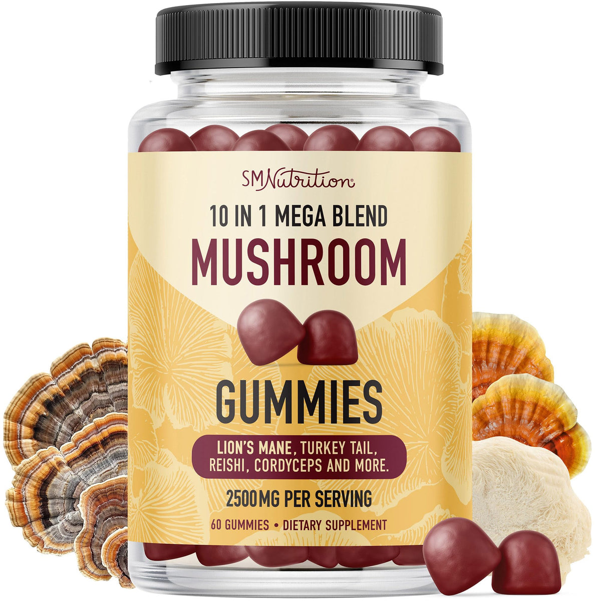 Front view of Mushroom Gummies for Adults in Raspberry flavor - 60 count
