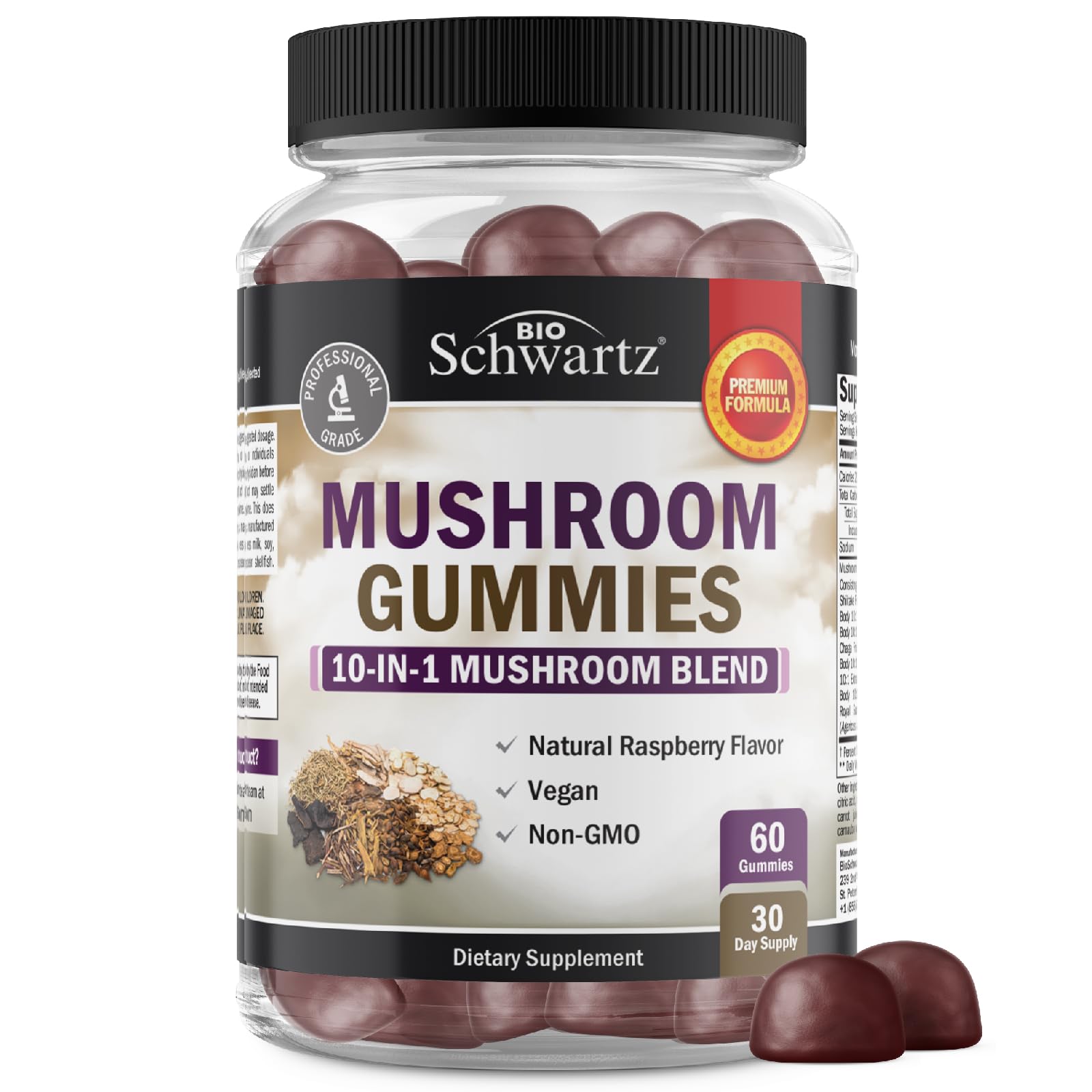 60-count bottle of raspberry-flavored 10-in-1 mushroom gummies