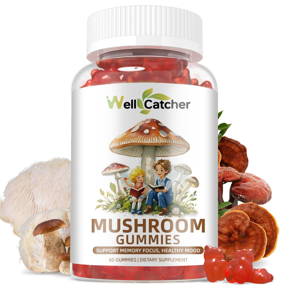 Front view of mushroom gummies with Ashwagandha and Lion’s Mane