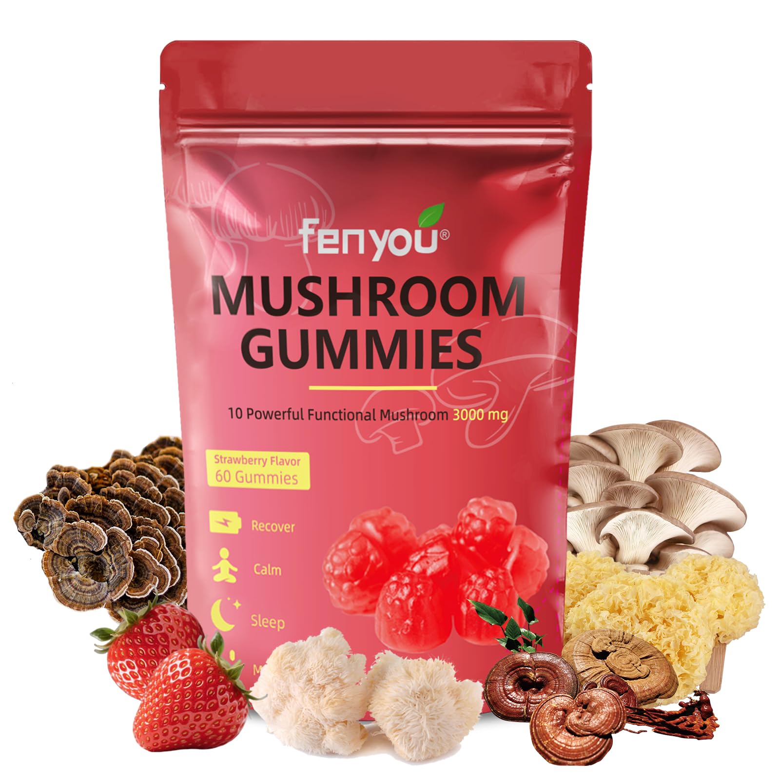 Bottle of strawberry mushroom gummies – 60 count