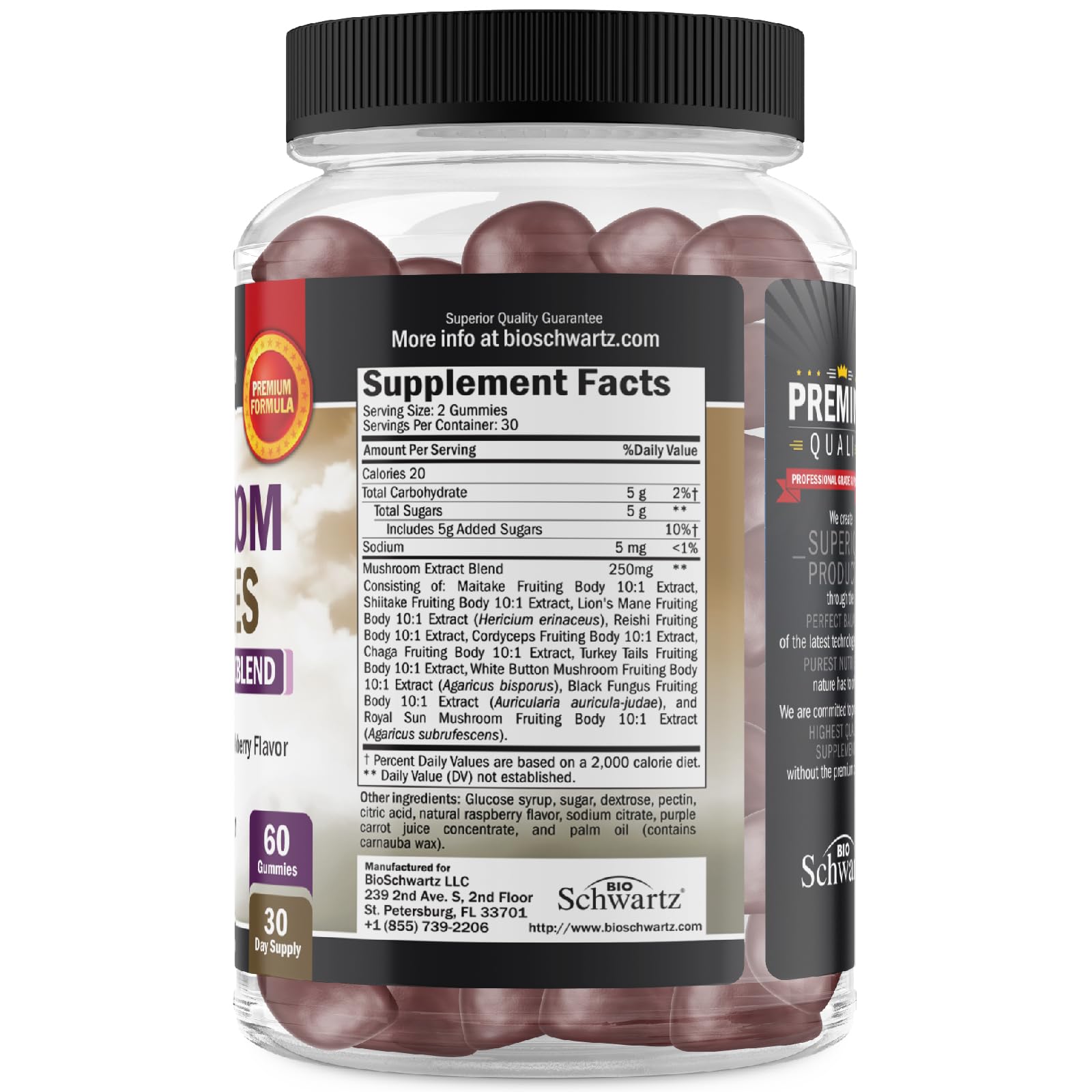 Close-up of a raspberry-flavored mushroom gummy