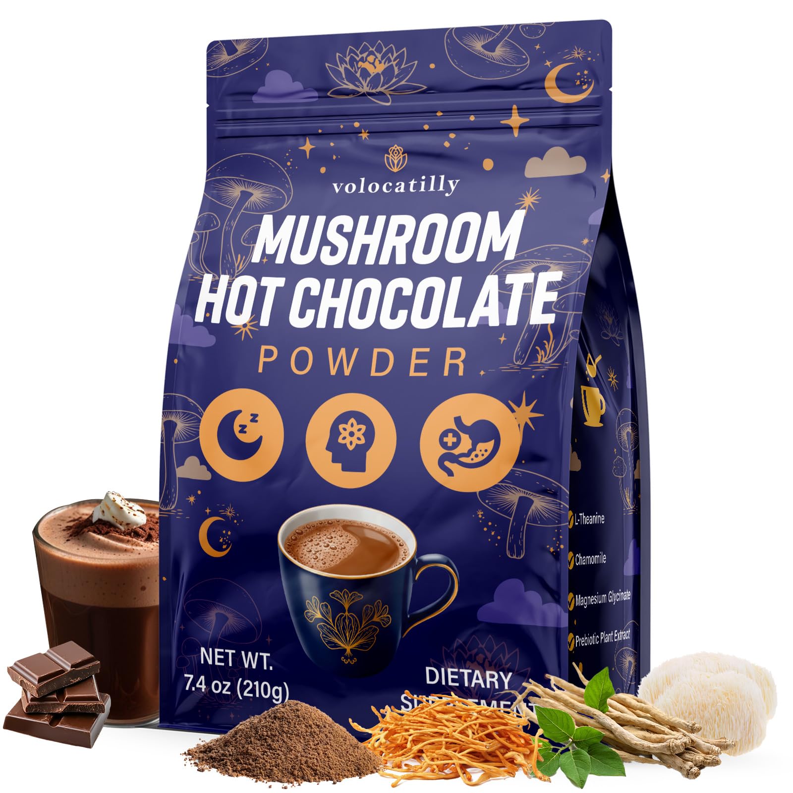 Mushroom hot cocoa with magnesium glycinate and reishi in a cup