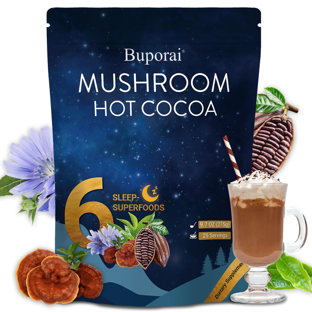 Mushroom hot cocoa powder with melatonin and Reishi ingredients