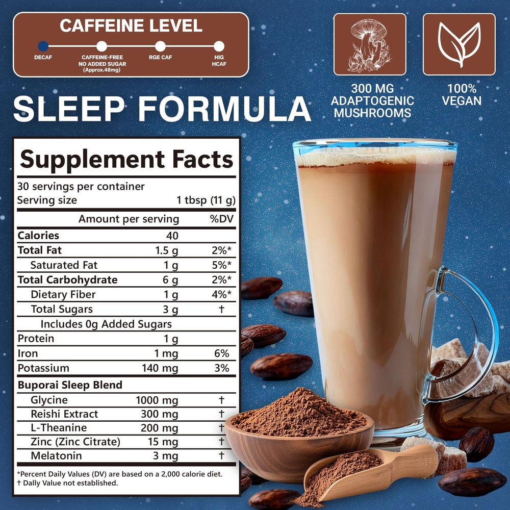 Close-up of cocoa powder with melatonin, L-Theanine, and Reishi