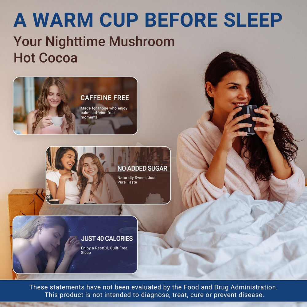 Packaged mushroom hot cocoa with sleep-support ingredients