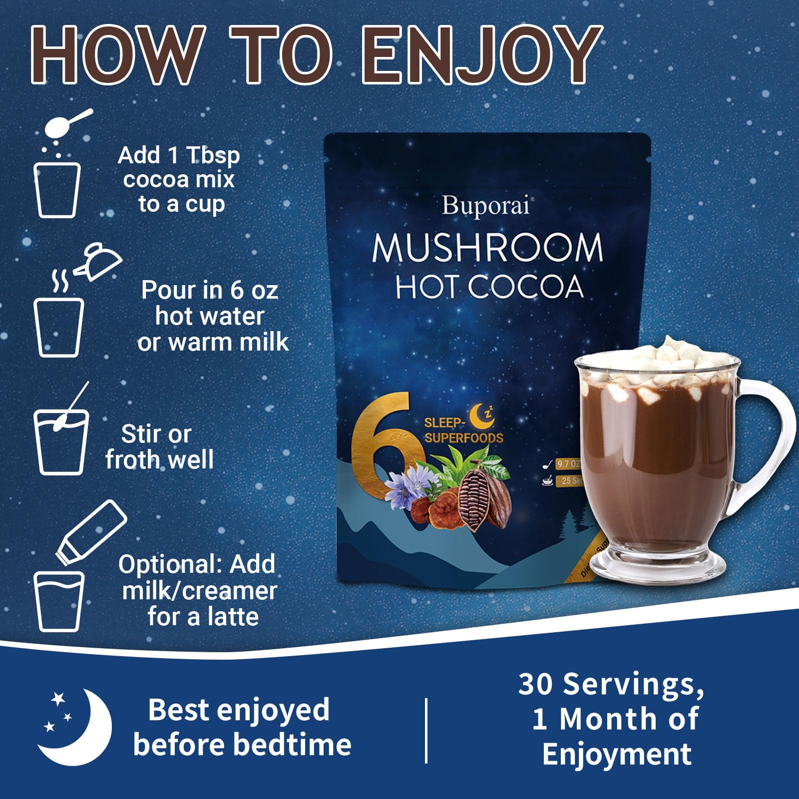 Serving suggestion: mug of cozy mushroom hot cocoa for night