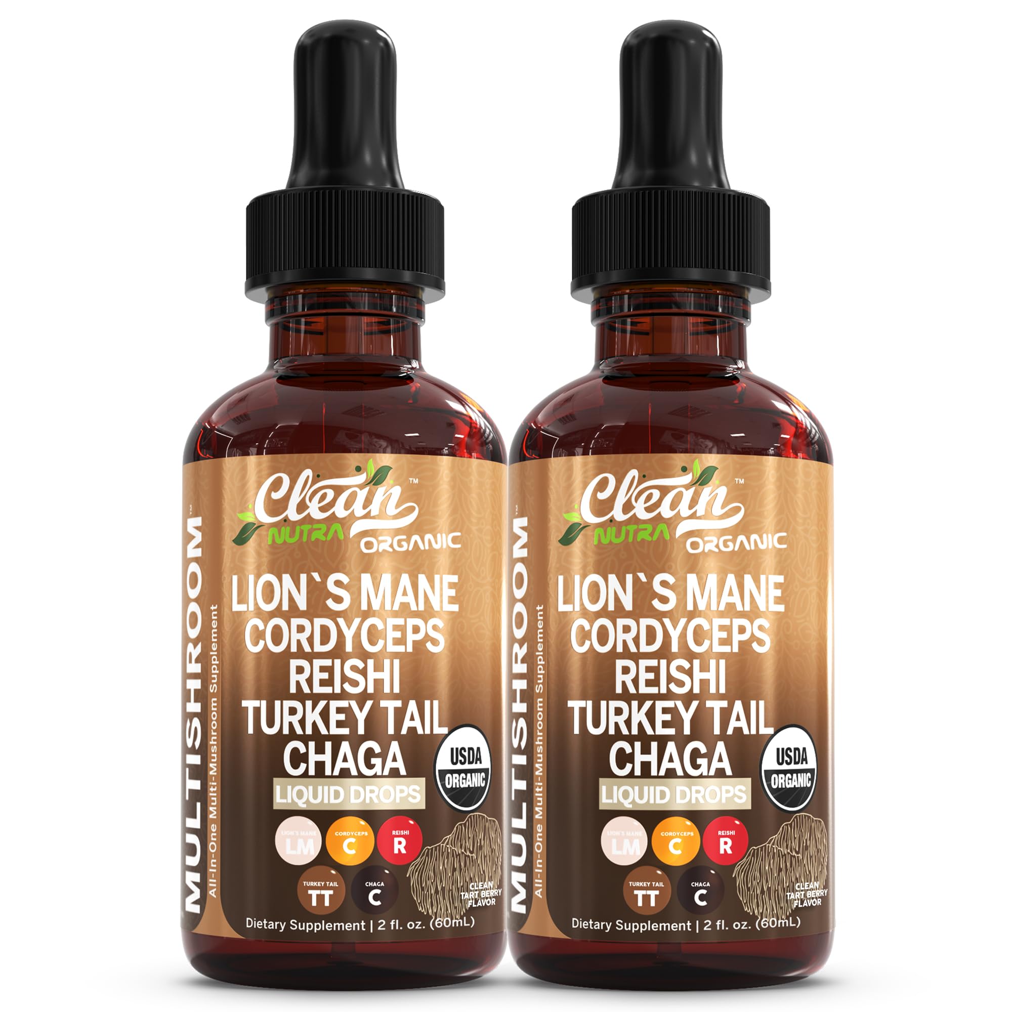 Bottle of Mushroom Liquid Drops featuring Lions Mane and Turkey Tail