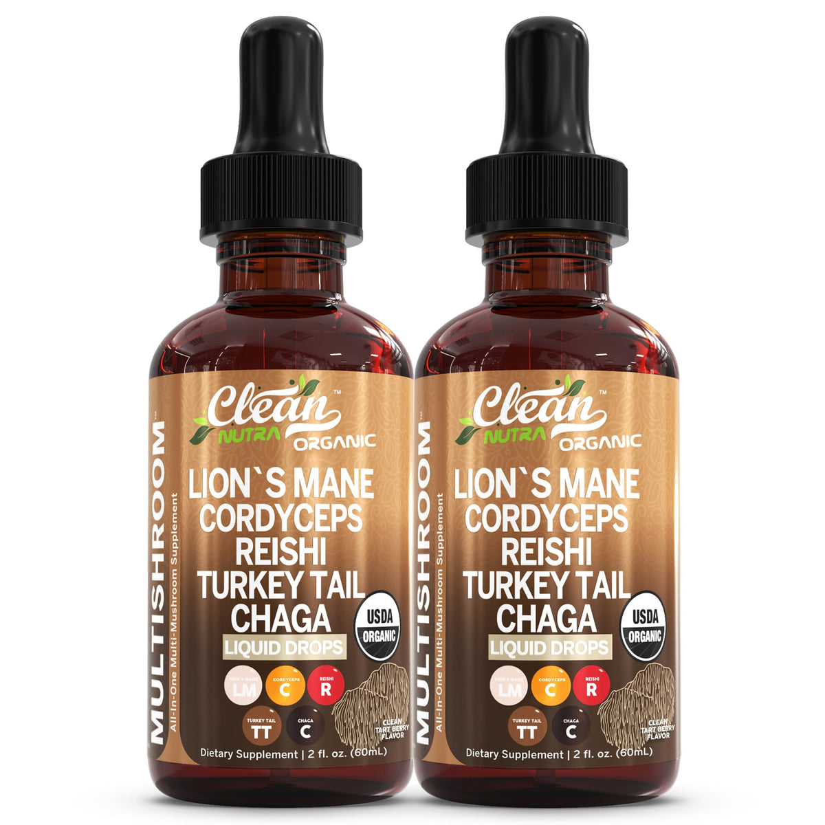 Bottle of Mushroom Liquid Drops featuring Lions Mane and Turkey Tail