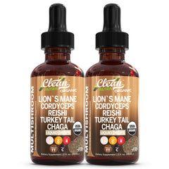 Bottle of Mushroom Liquid Drops featuring Lions Mane and Turkey Tail
