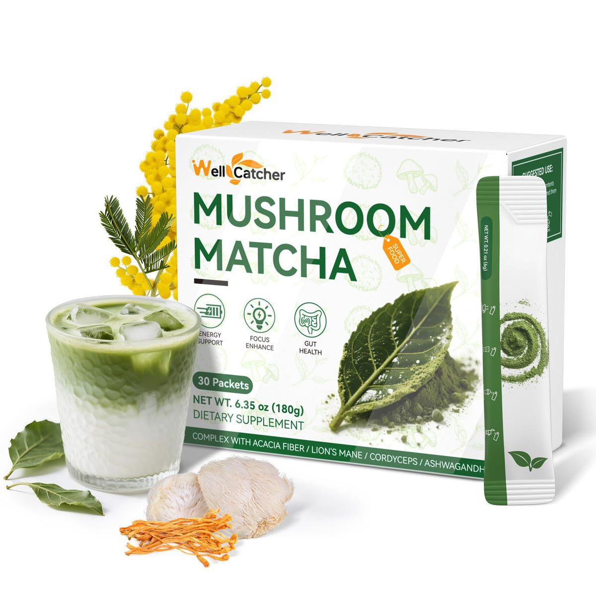 Mushroom Matcha Powder packaging with Lion's Mane and Cordyceps label