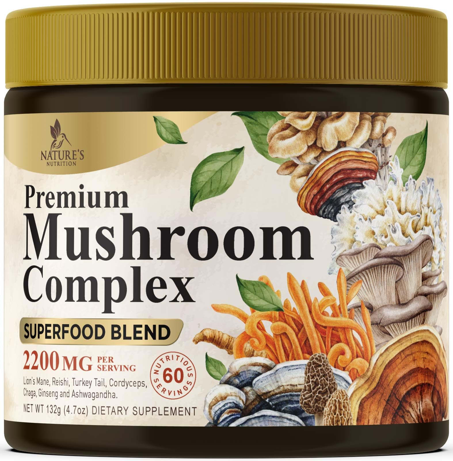Product bottle label for Mushroom Powder Supplements 2200mg 11-in-1 Complex