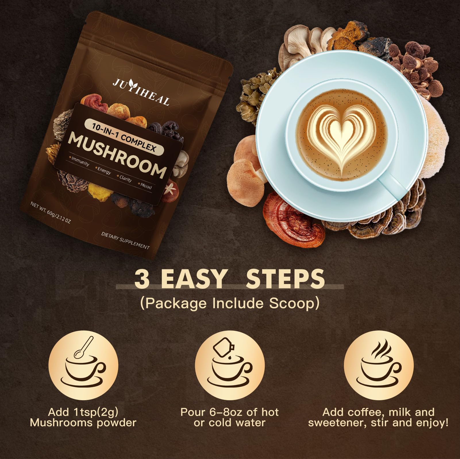 Mushroom powder mixed in water for a serving