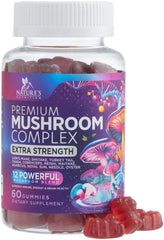 Hero shot of Mushroom Supplement Gummies bottle featuring 12-mushroom complex